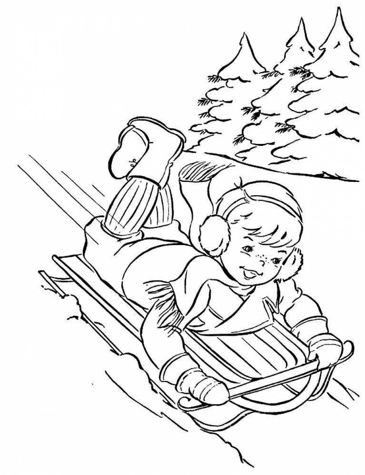 Coloring book smart child on a sled