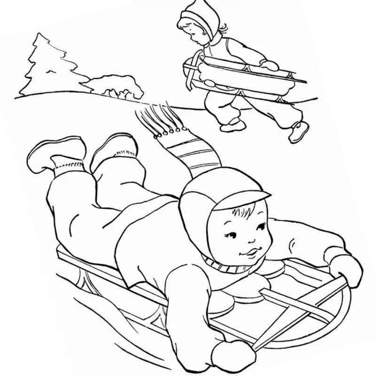 Coloring page excited child on sled