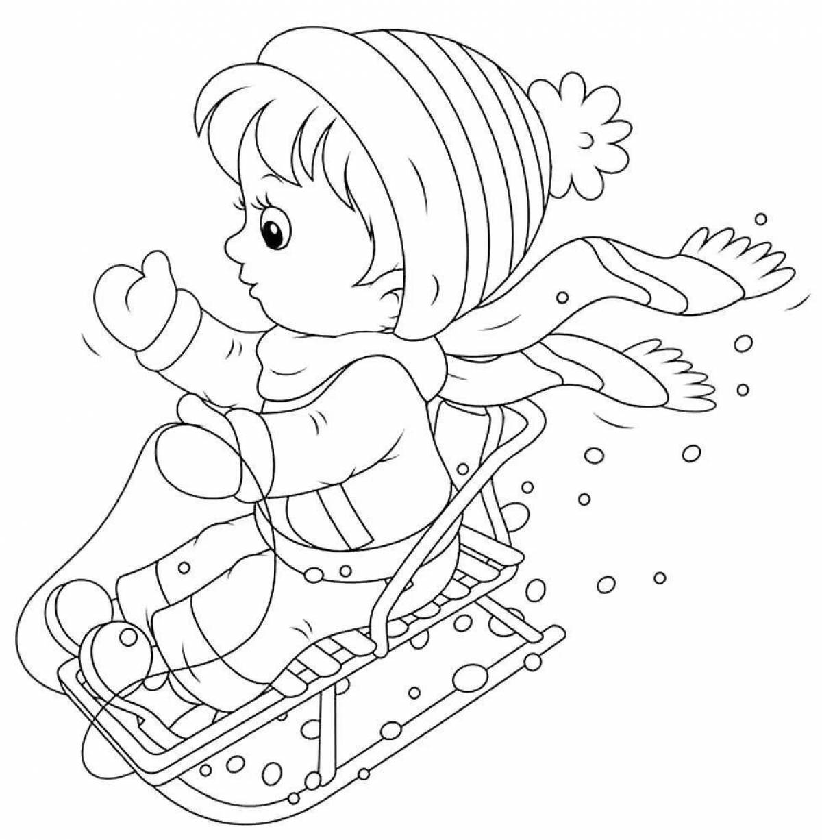 Coloring page happy child on a sled