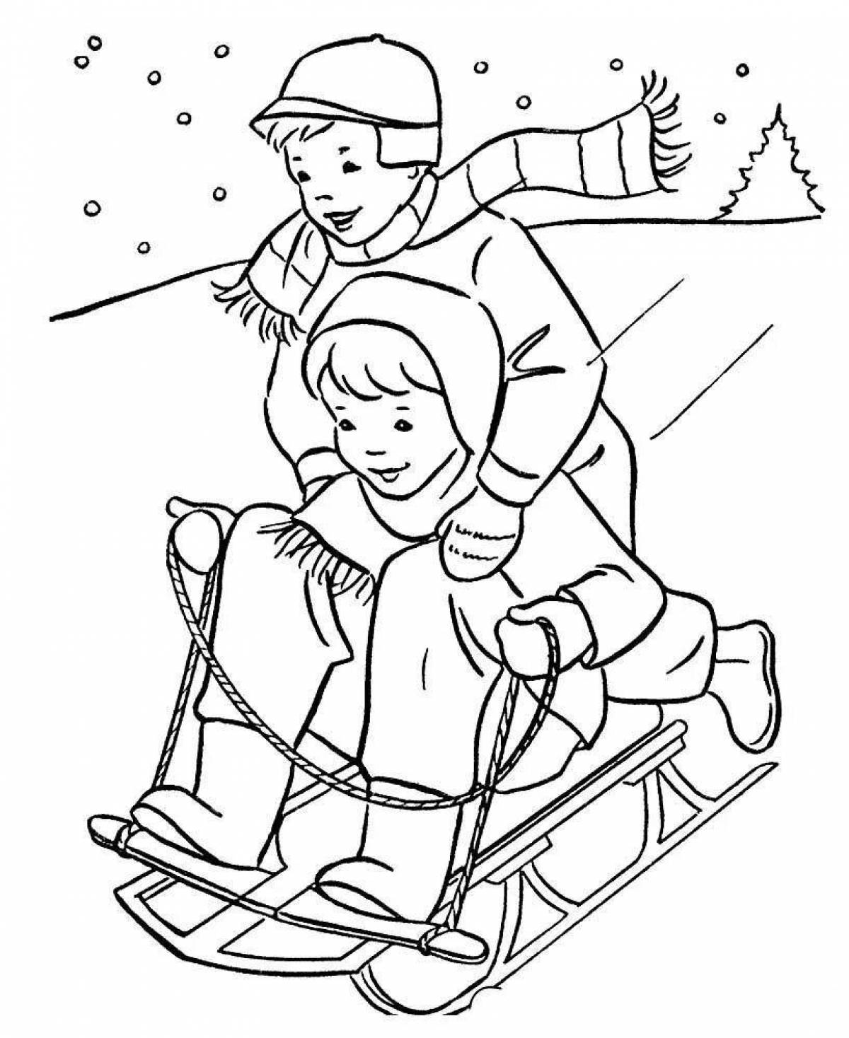 Jubilant child on a sleigh coloring book