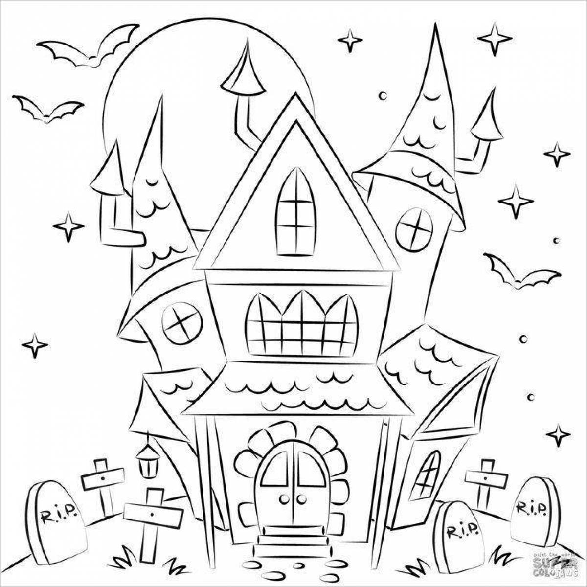 Spooky haunted house coloring page