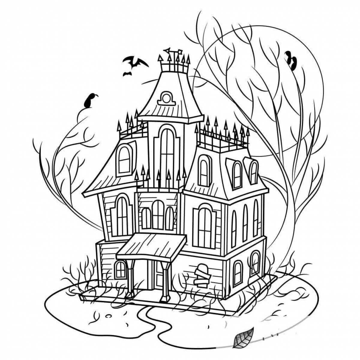 Раскраска жуткий дом с призраками