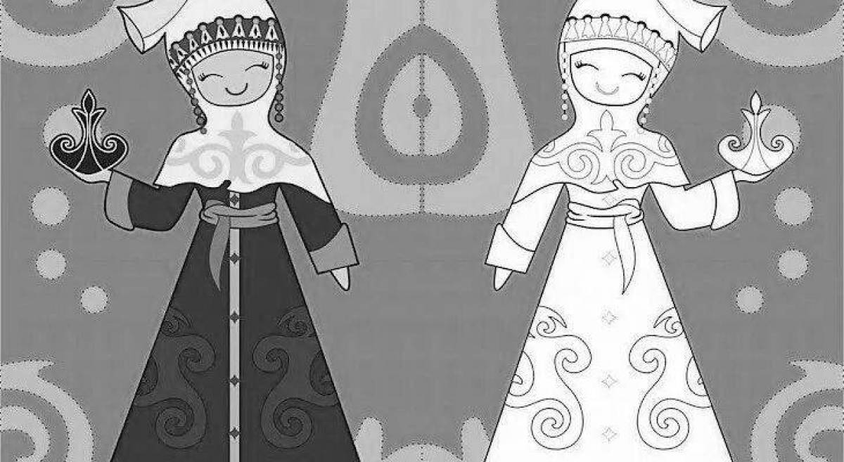 Coloring page attractive Kazakh national clothes