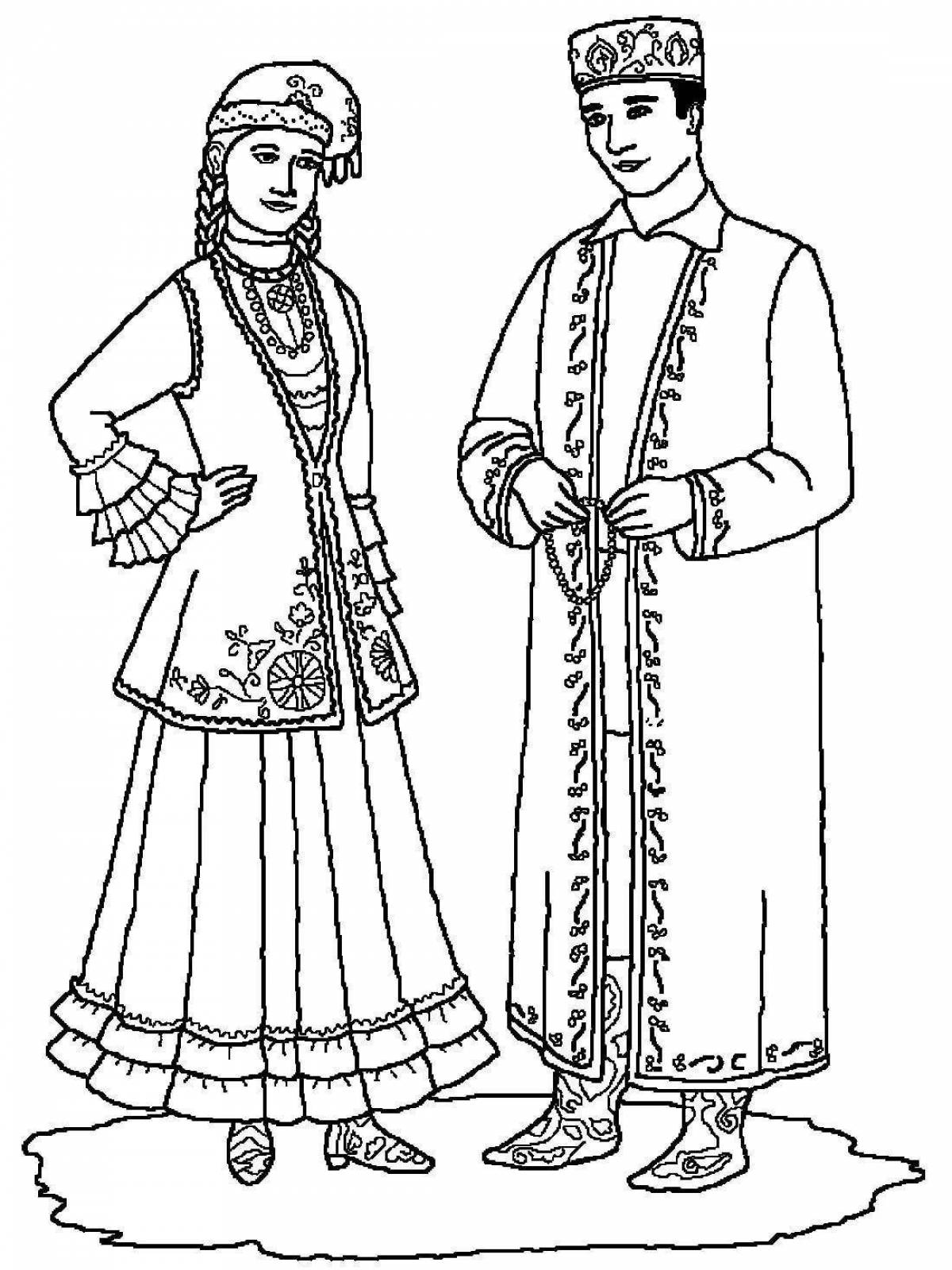 Coloring page charming Kazakh national clothes