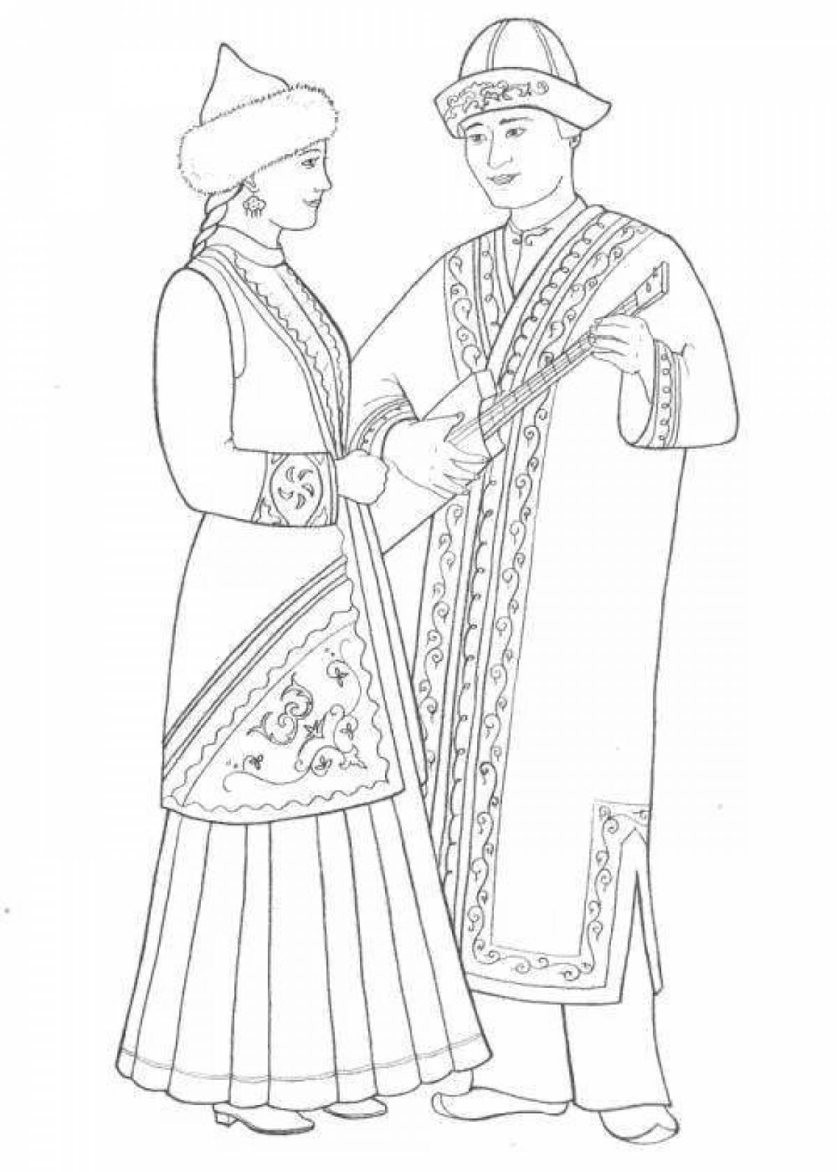 Coloring book playful Kazakh national clothes