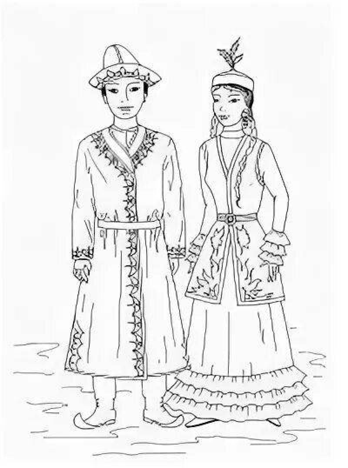 Национальный костюм казахов раскраска. Казахский национальный костюм. Свадебный национальный костюм
