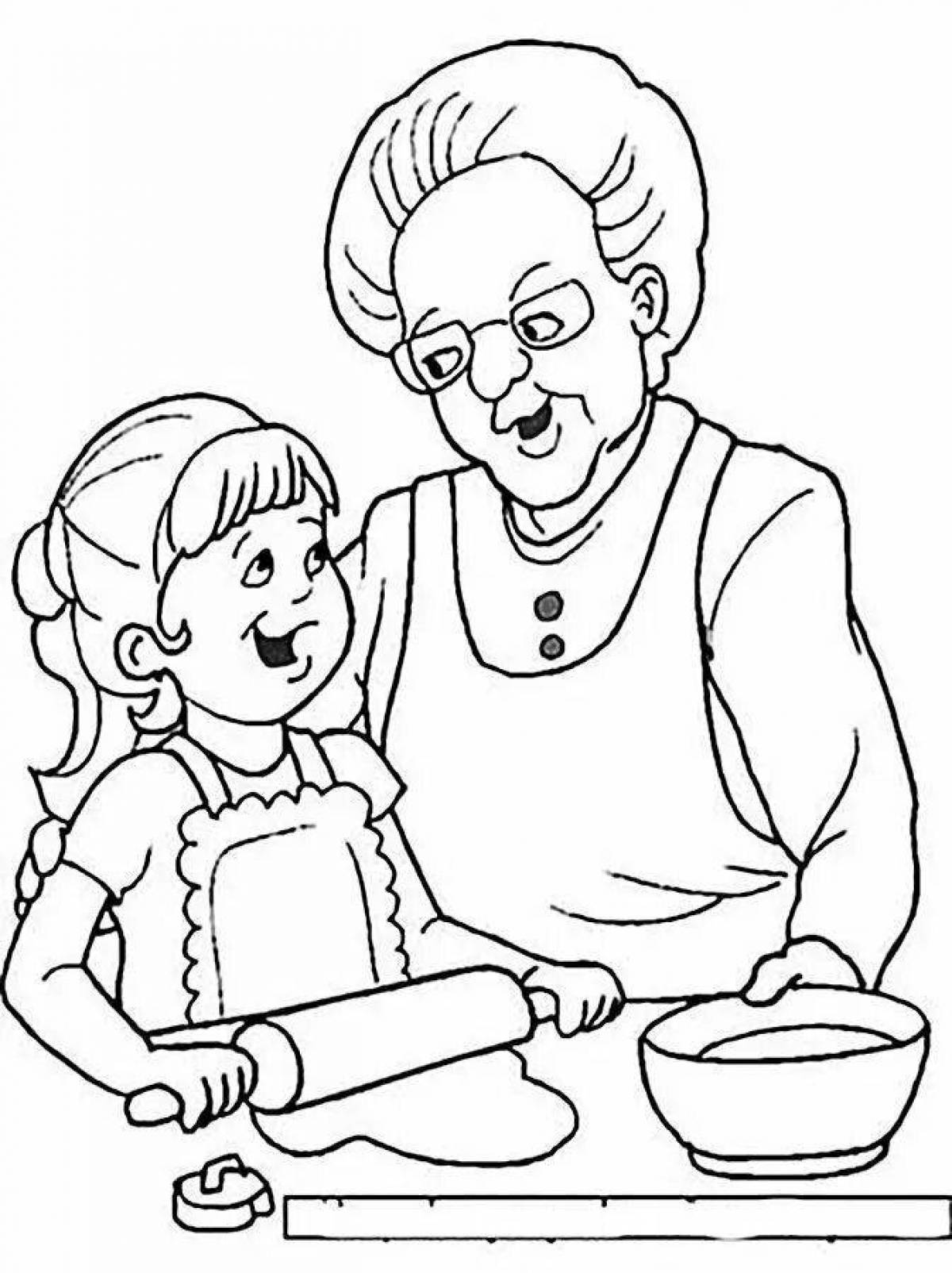 Joyful grandmother and granddaughter coloring book