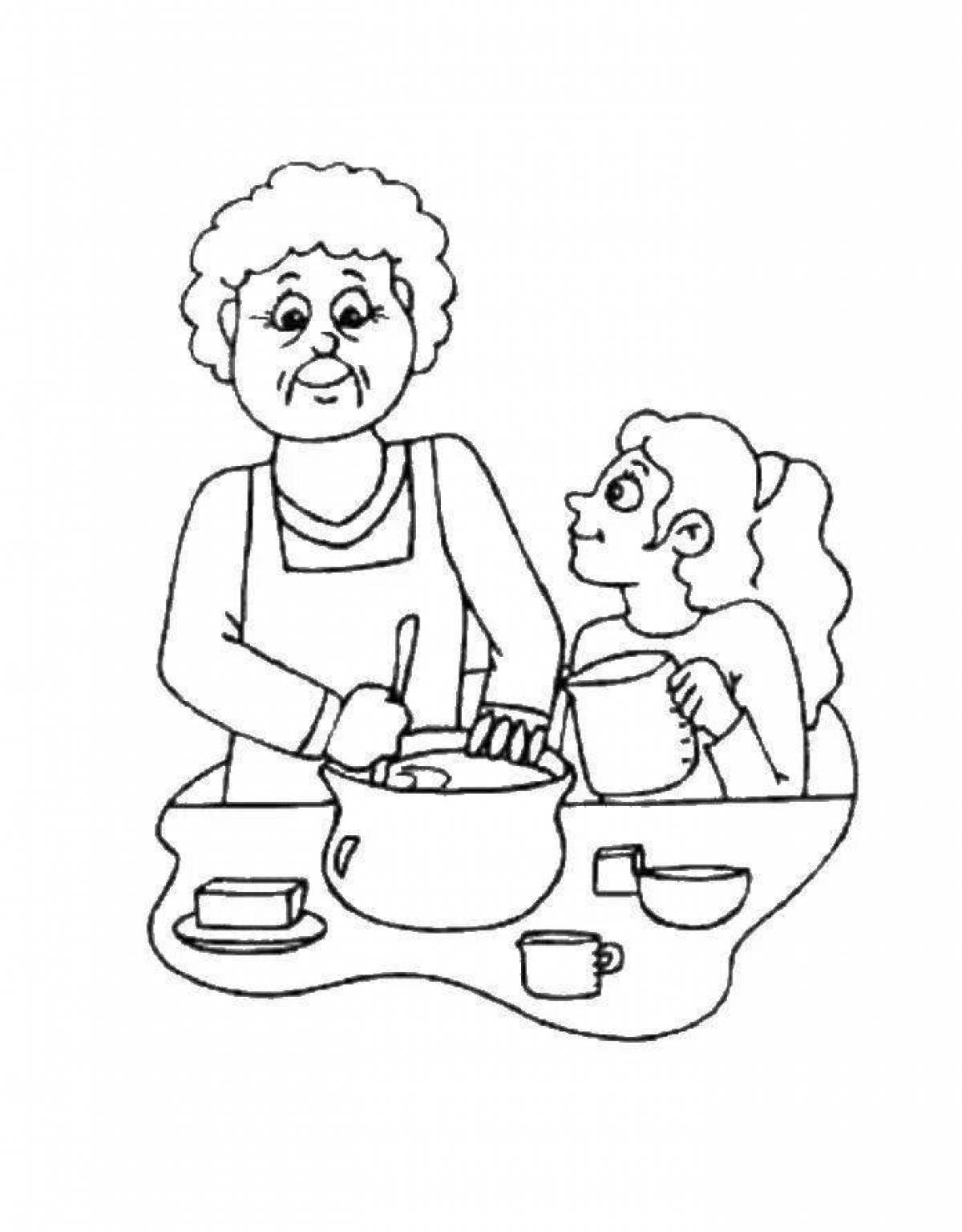 Soulful grandmother and granddaughter coloring