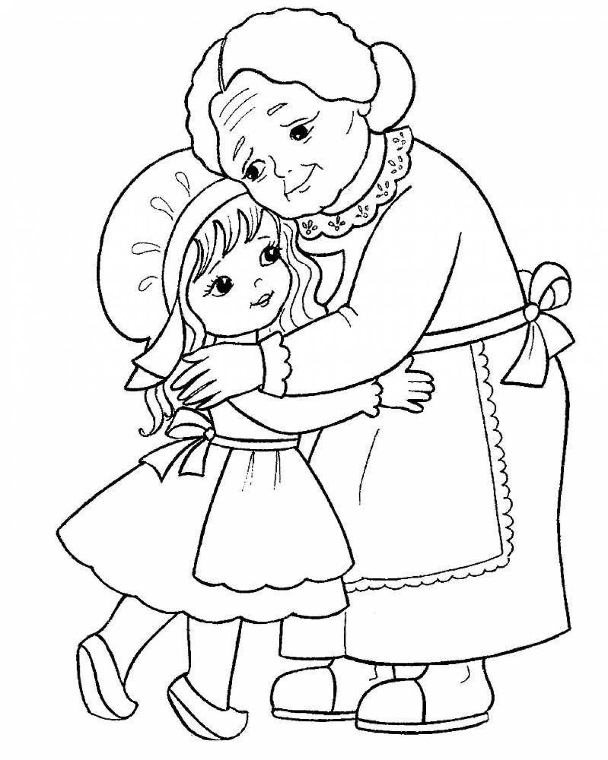 Раскраска жизнерадостная бабушка и внучка