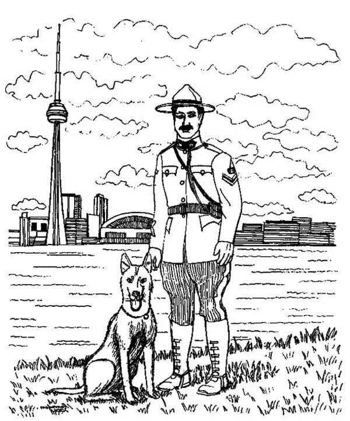 Coloring page cheerful soldier with a dog