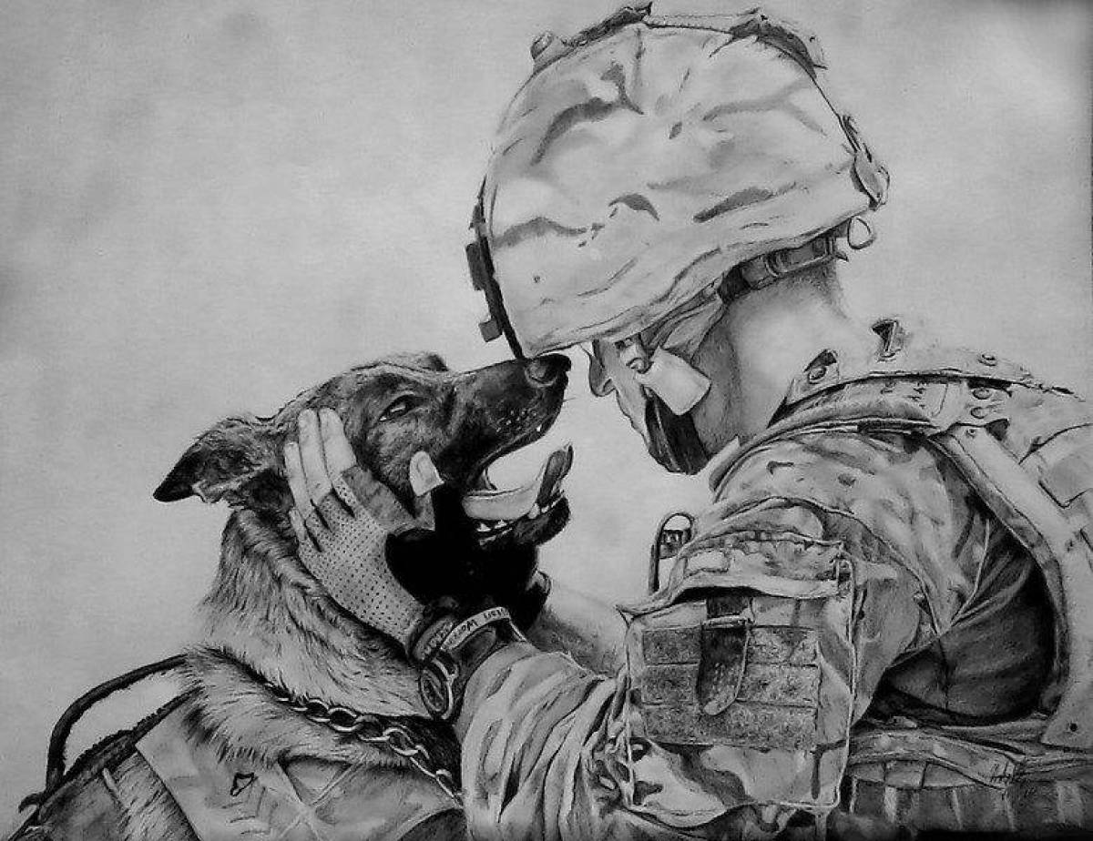 Coloring page happy soldier with dog