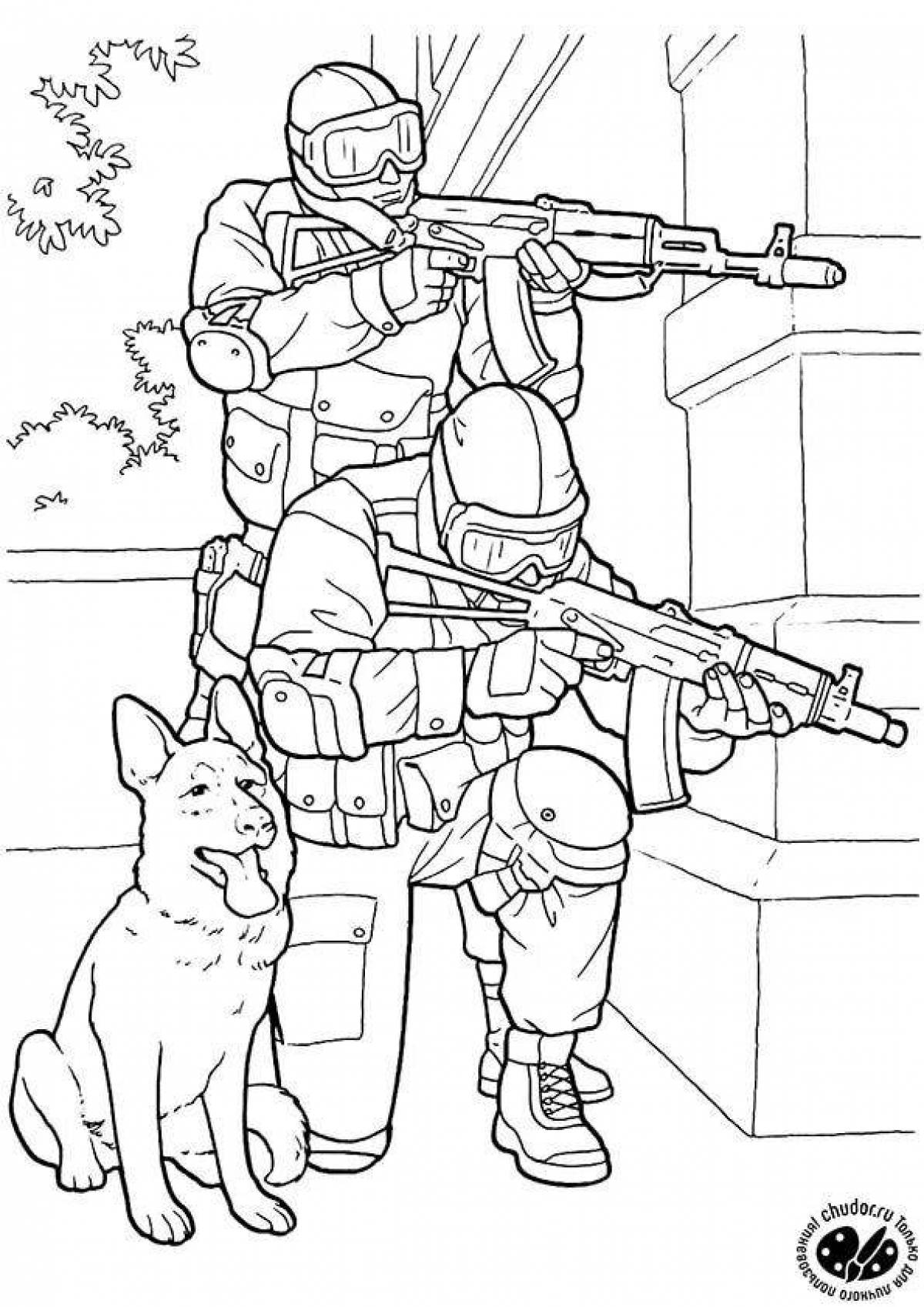 Coloring book brave soldier with dog