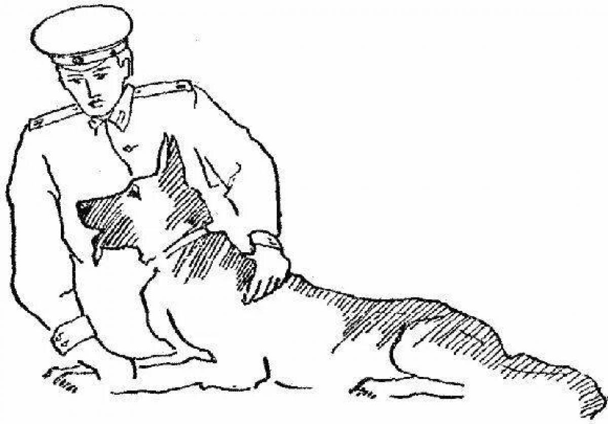 Coloring book soldier shining with dog