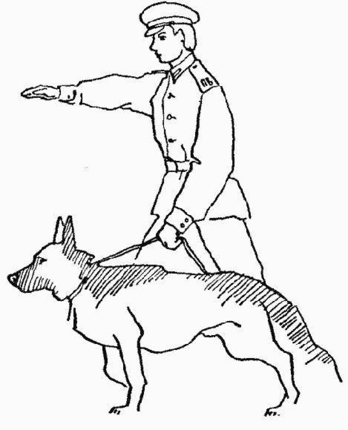 Coloring book exquisite soldier with a dog