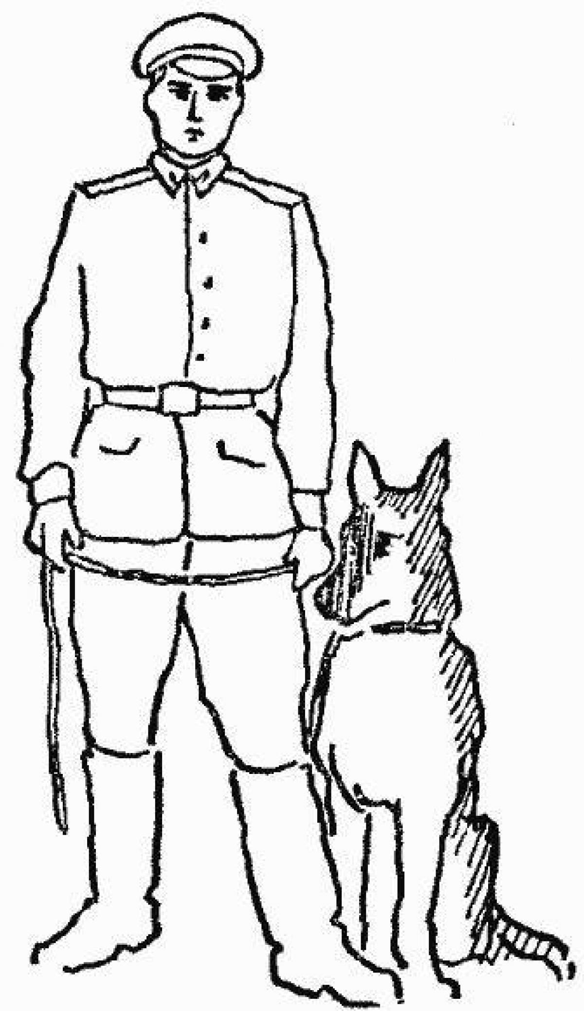Раскраска очаровательный солдат с собакой
