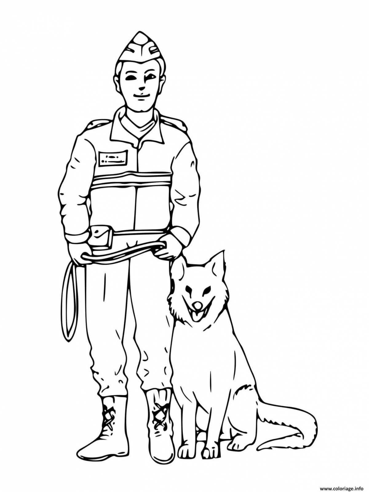 Mysterious soldier with dog coloring book