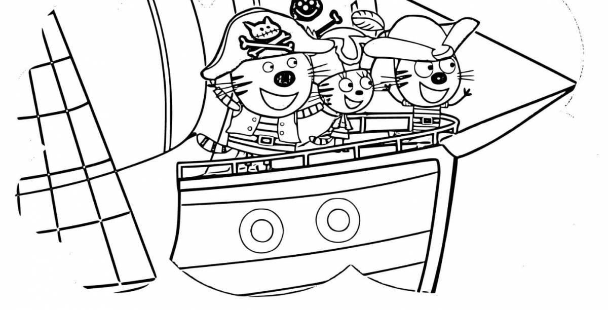 Coloring page of grandpa with three cats