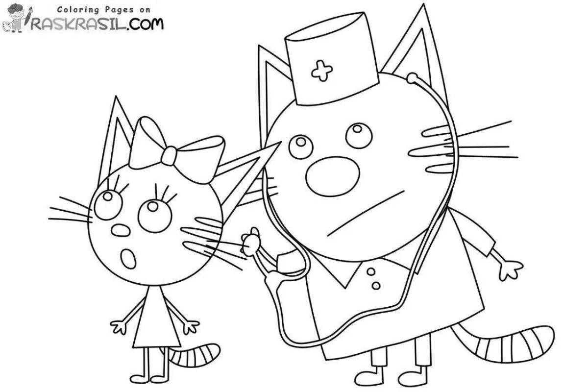 Coloring book cheerful grandfather with three cats