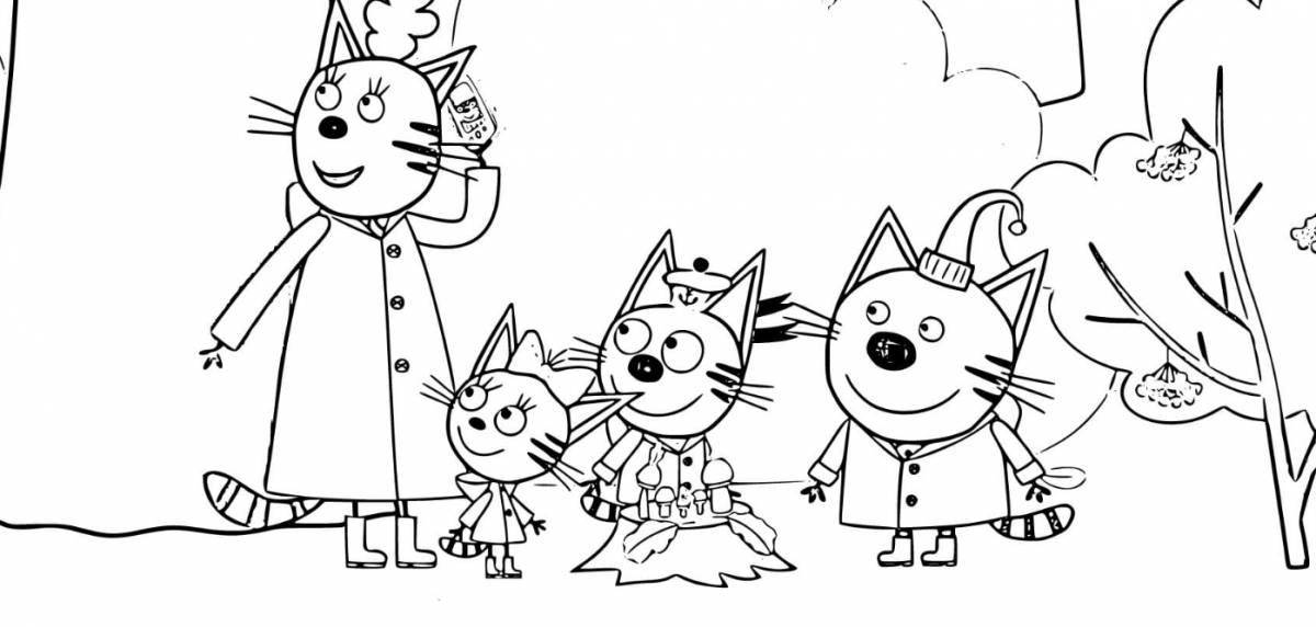 Coloring book playful grandfather with three cats
