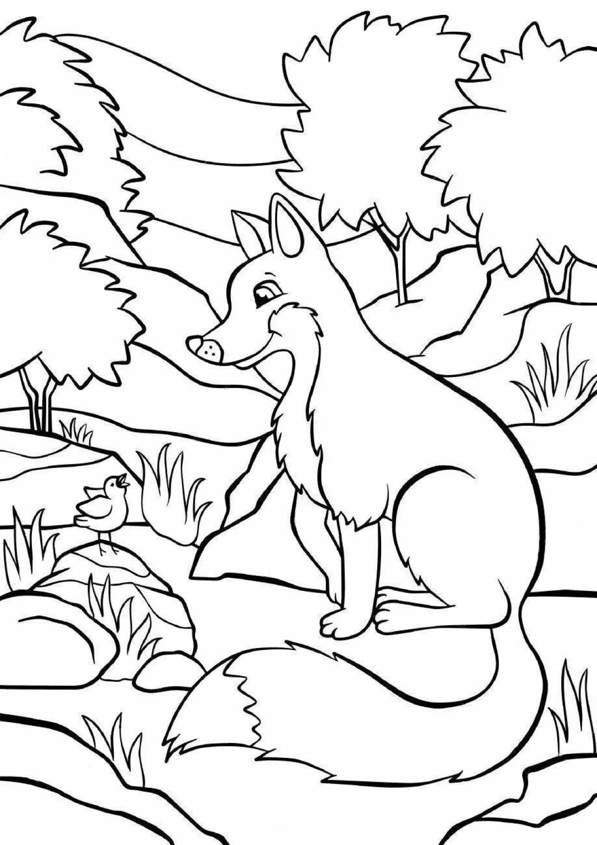 Playful fox and mouse coloring page