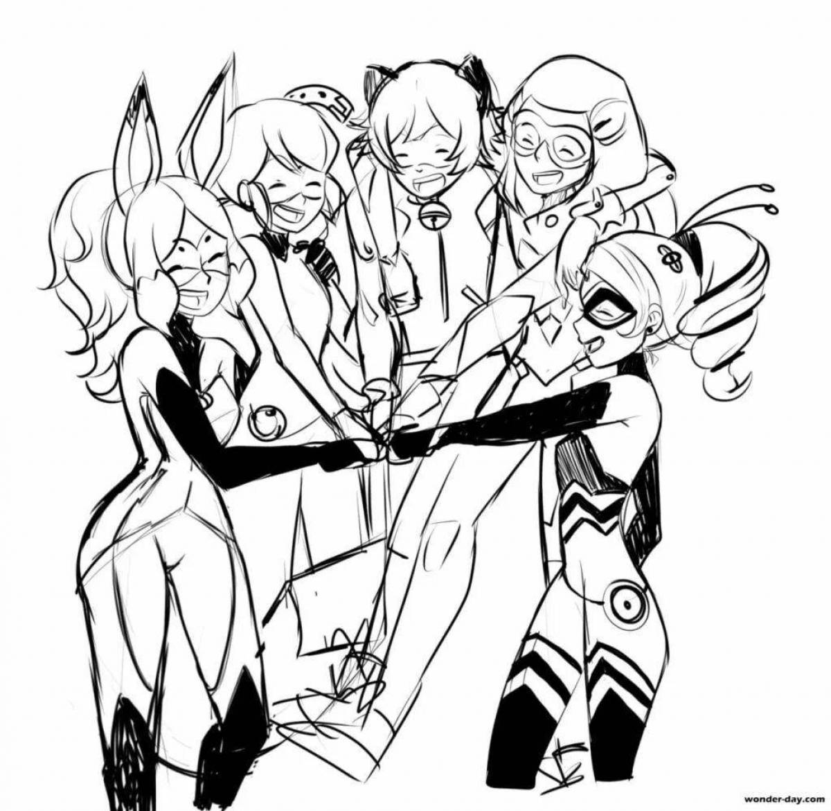 Coloring page of a team of cheerful ladybugs