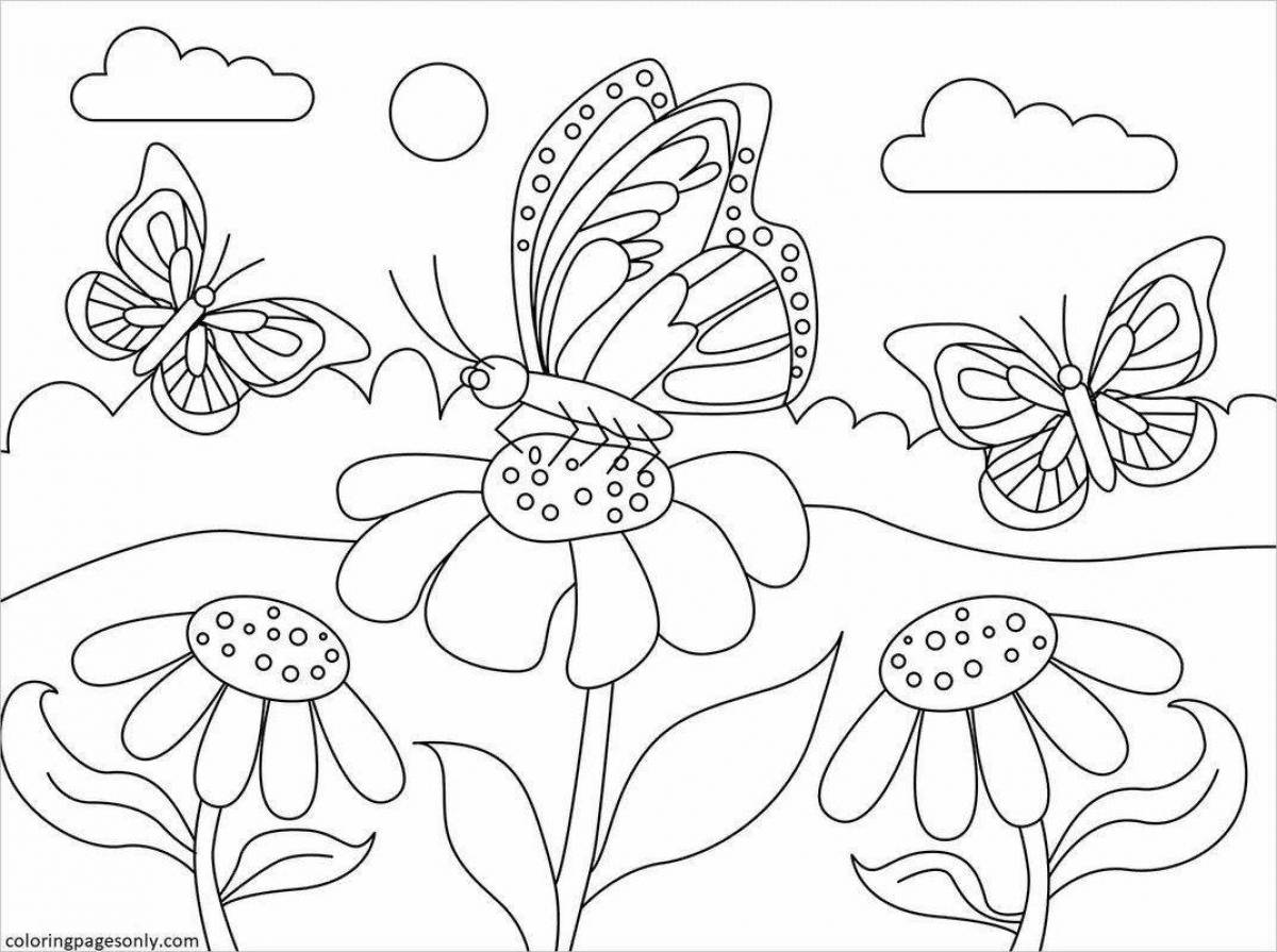 Раскраска Летние Цветы и Бабочка