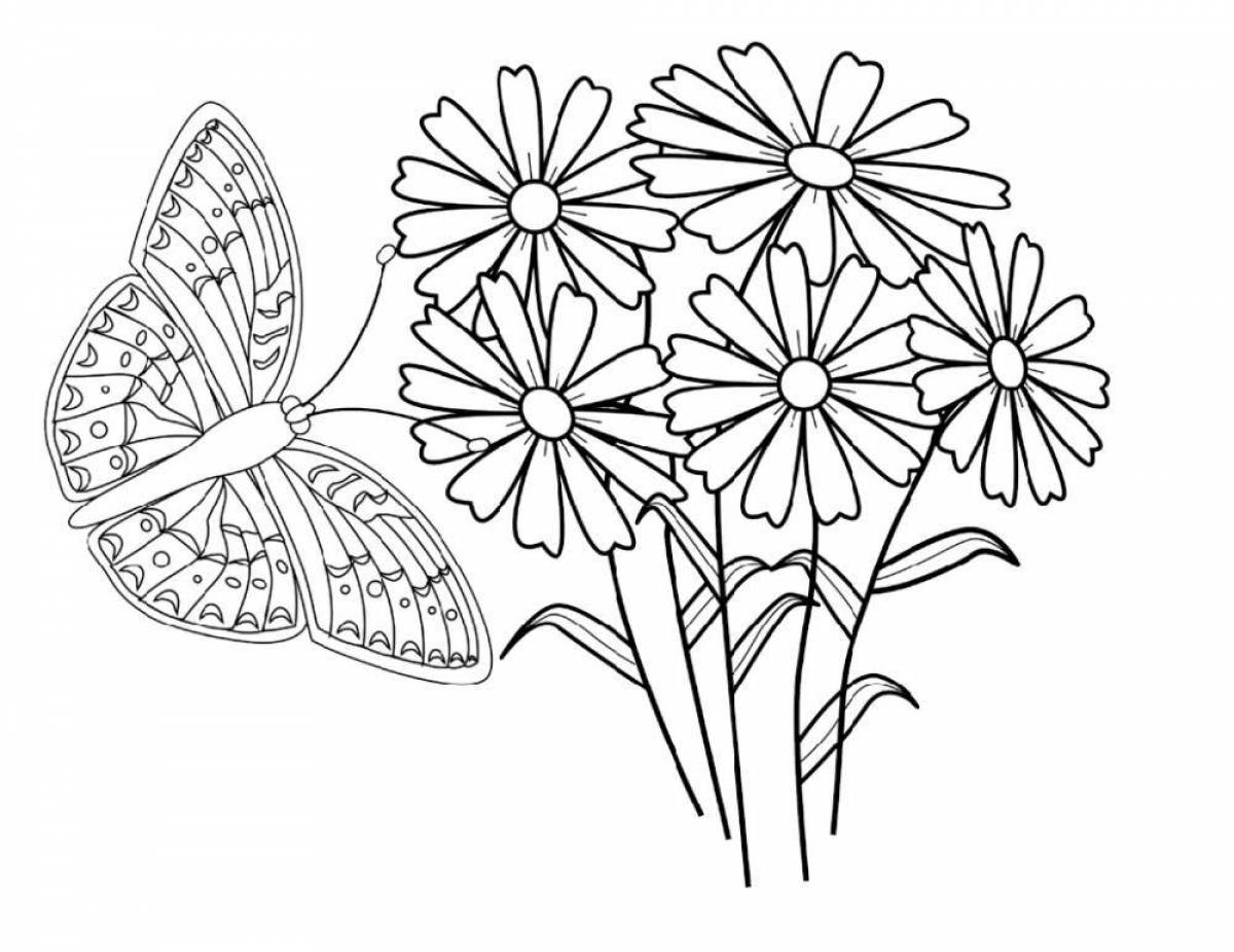 Serene coloring flowers and butterflies