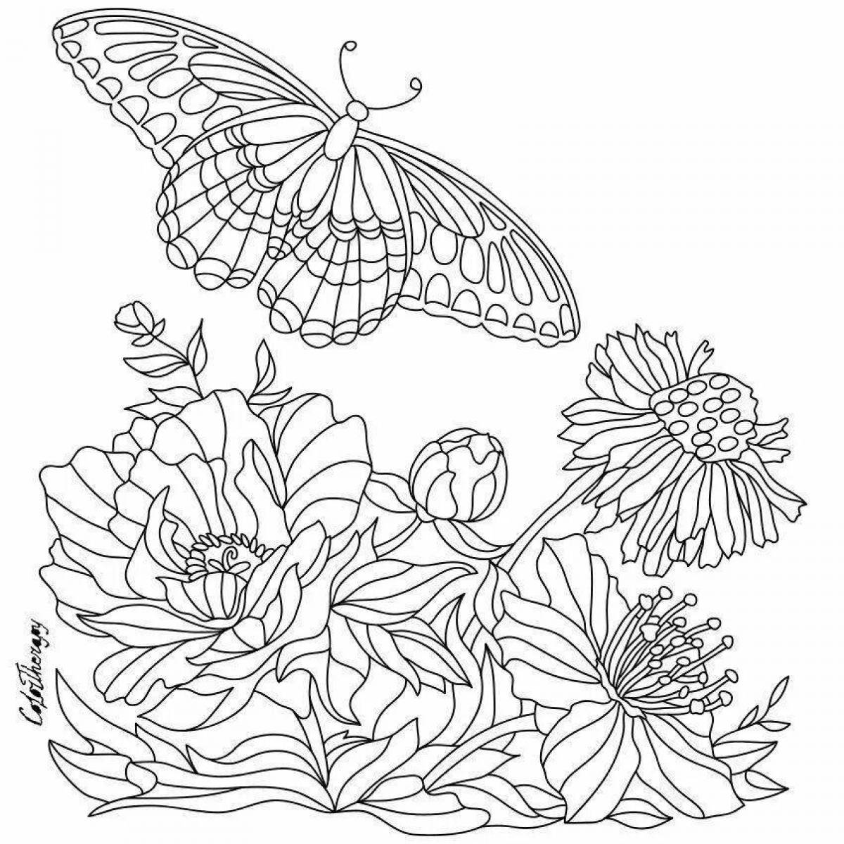 Coloring book exalted flowers and butterflies
