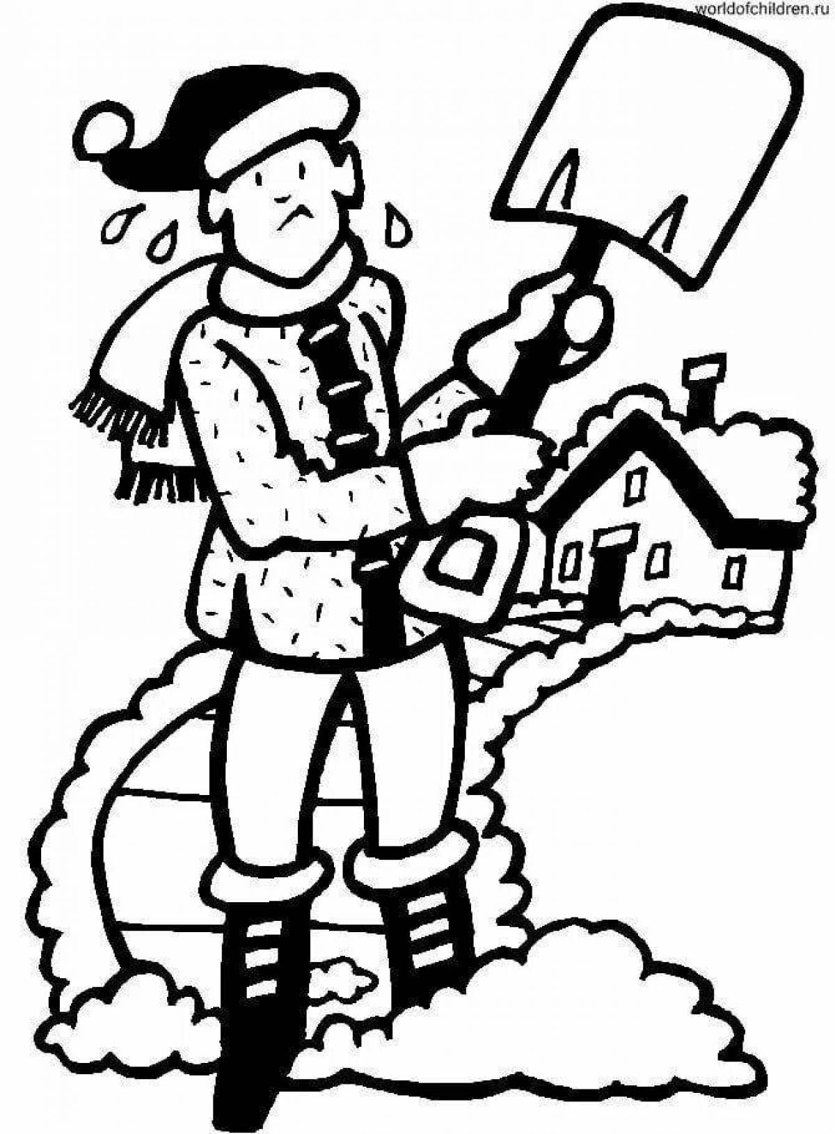 Radiant coloring page of farm works in winter