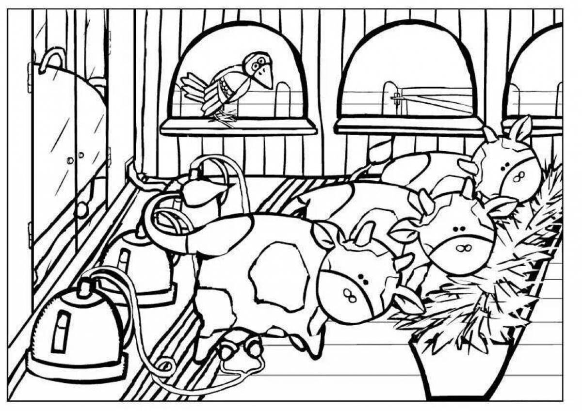 Bright coloring book about farm work in winter