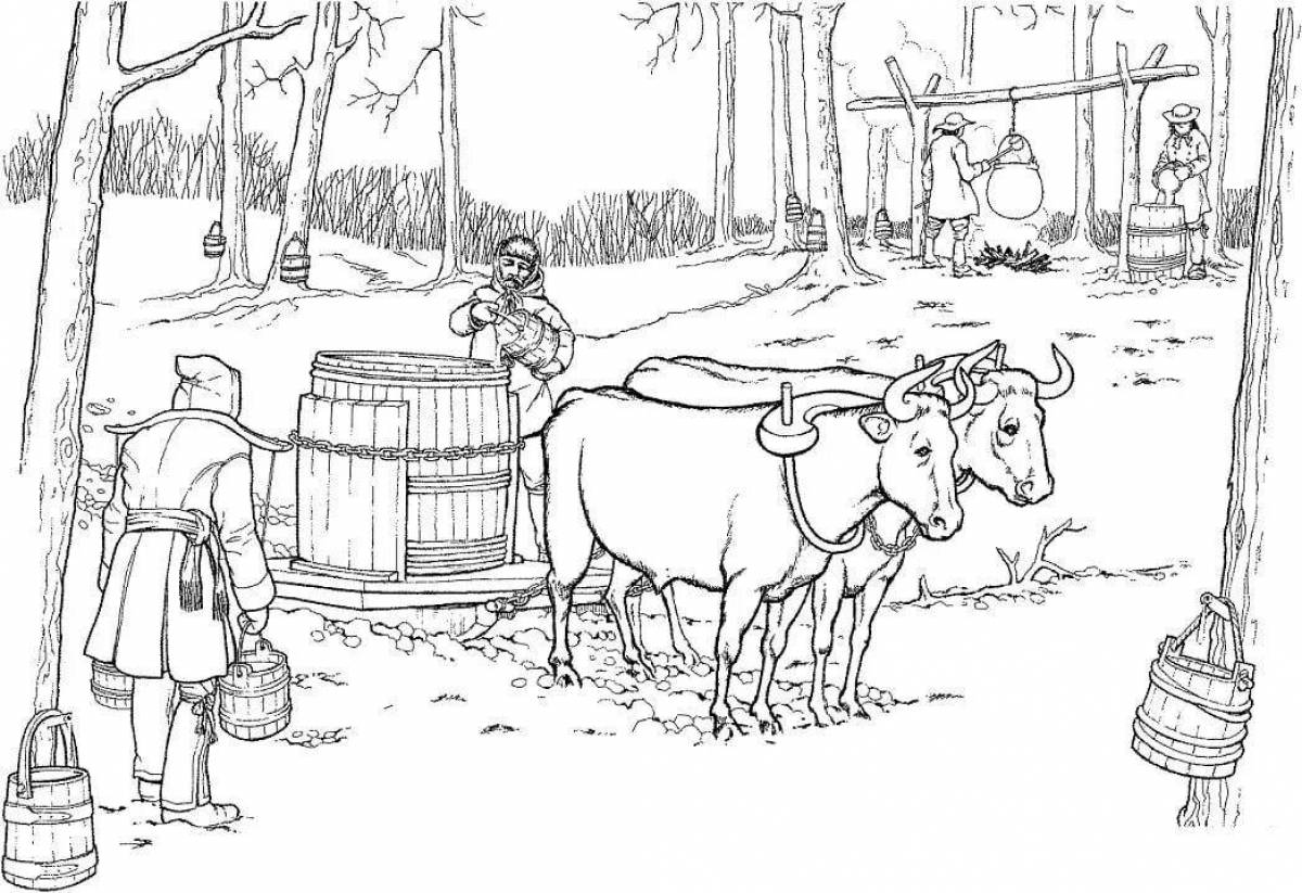 Luminous coloring book about agricultural work in winter