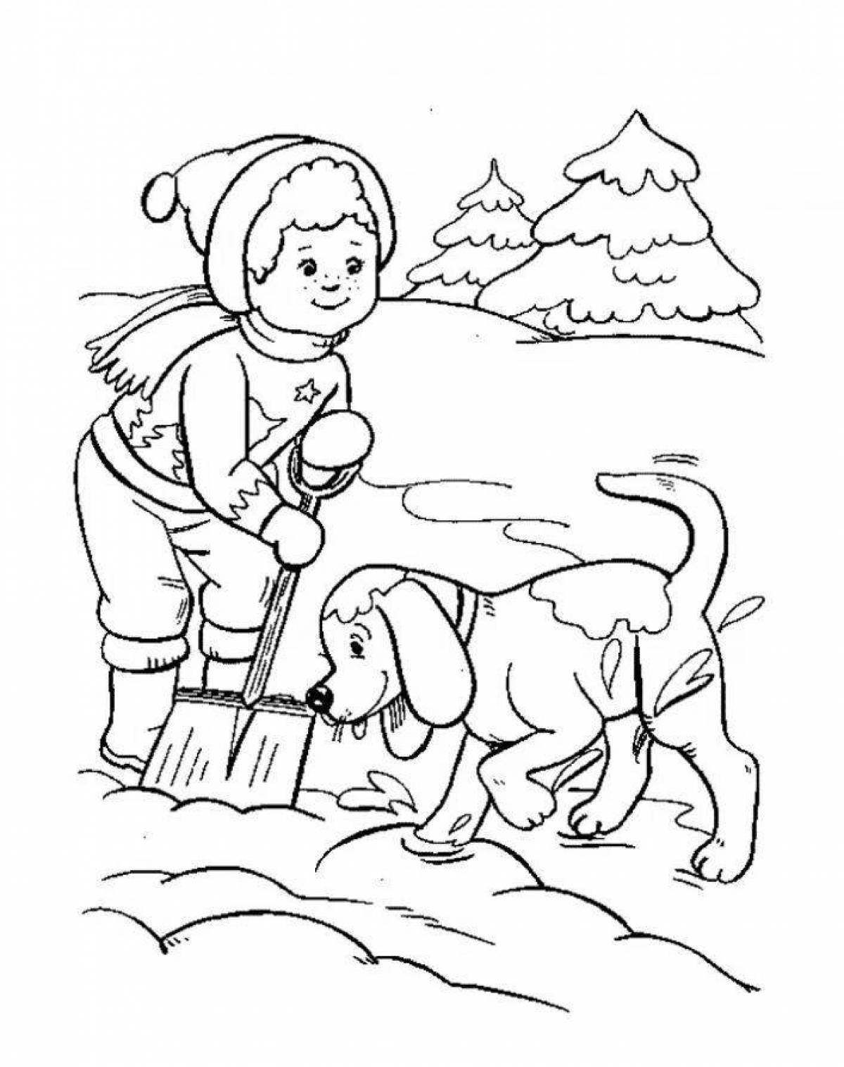 Brilliant coloring page of farm work in winter
