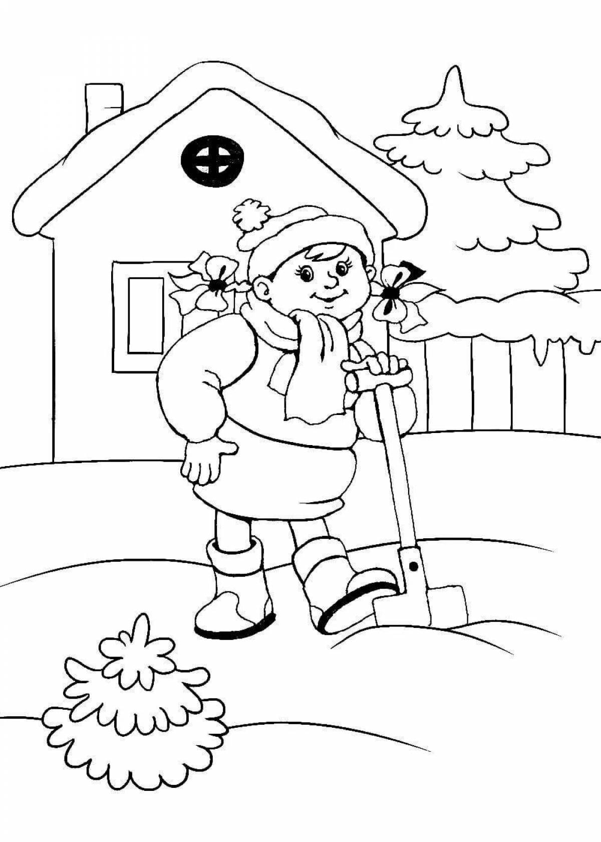 Colourful coloring book about agricultural work in winter
