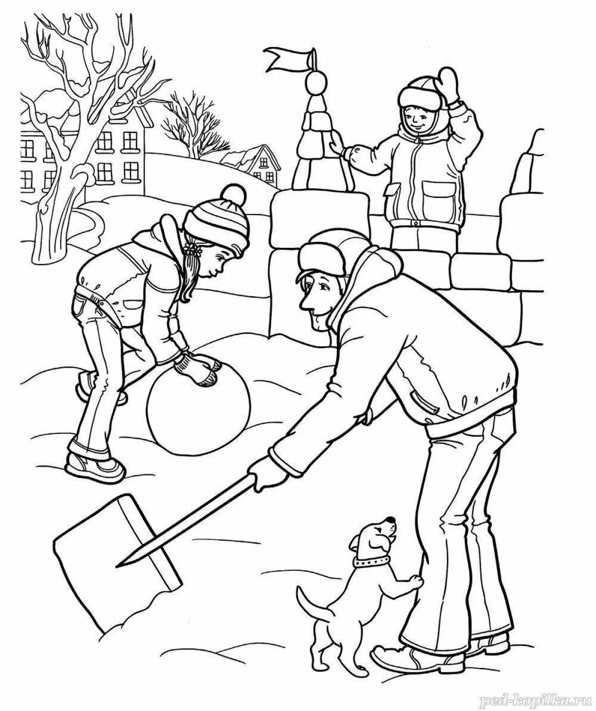 Radiantly coloring page of farm works in winter