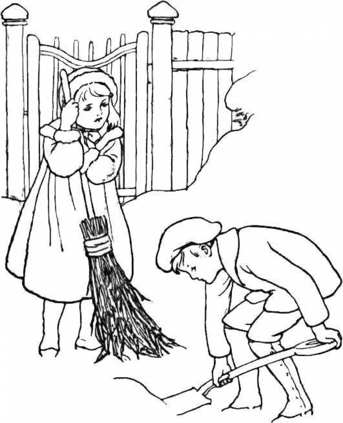 Majestical coloring page of farm works in winter