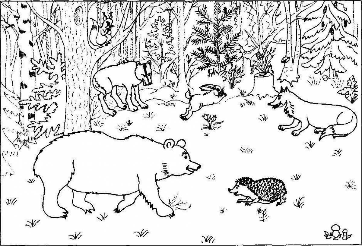 Radiant coloring page animals in the forest in winter
