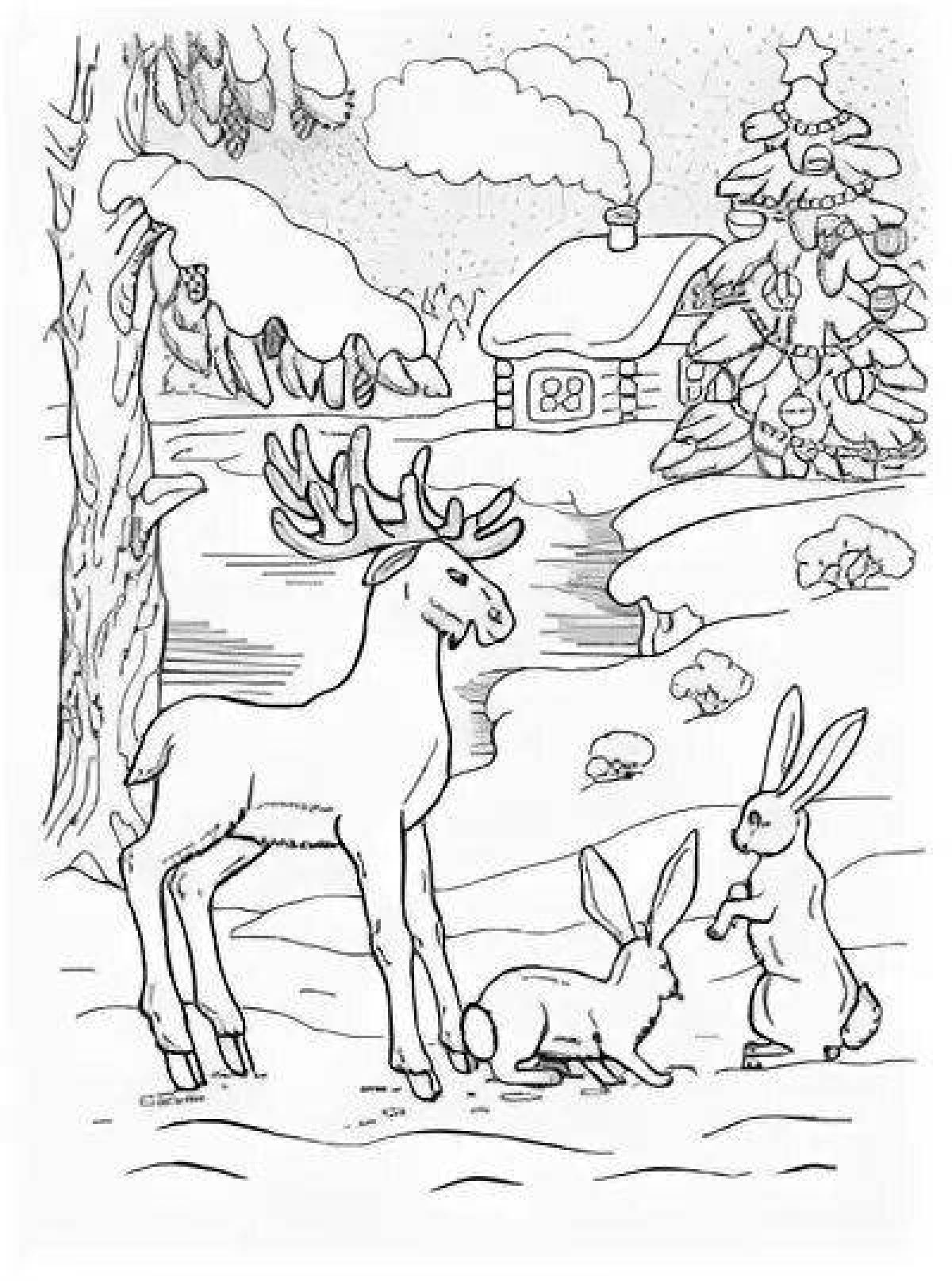 Luminous animal coloring pages in the forest in winter