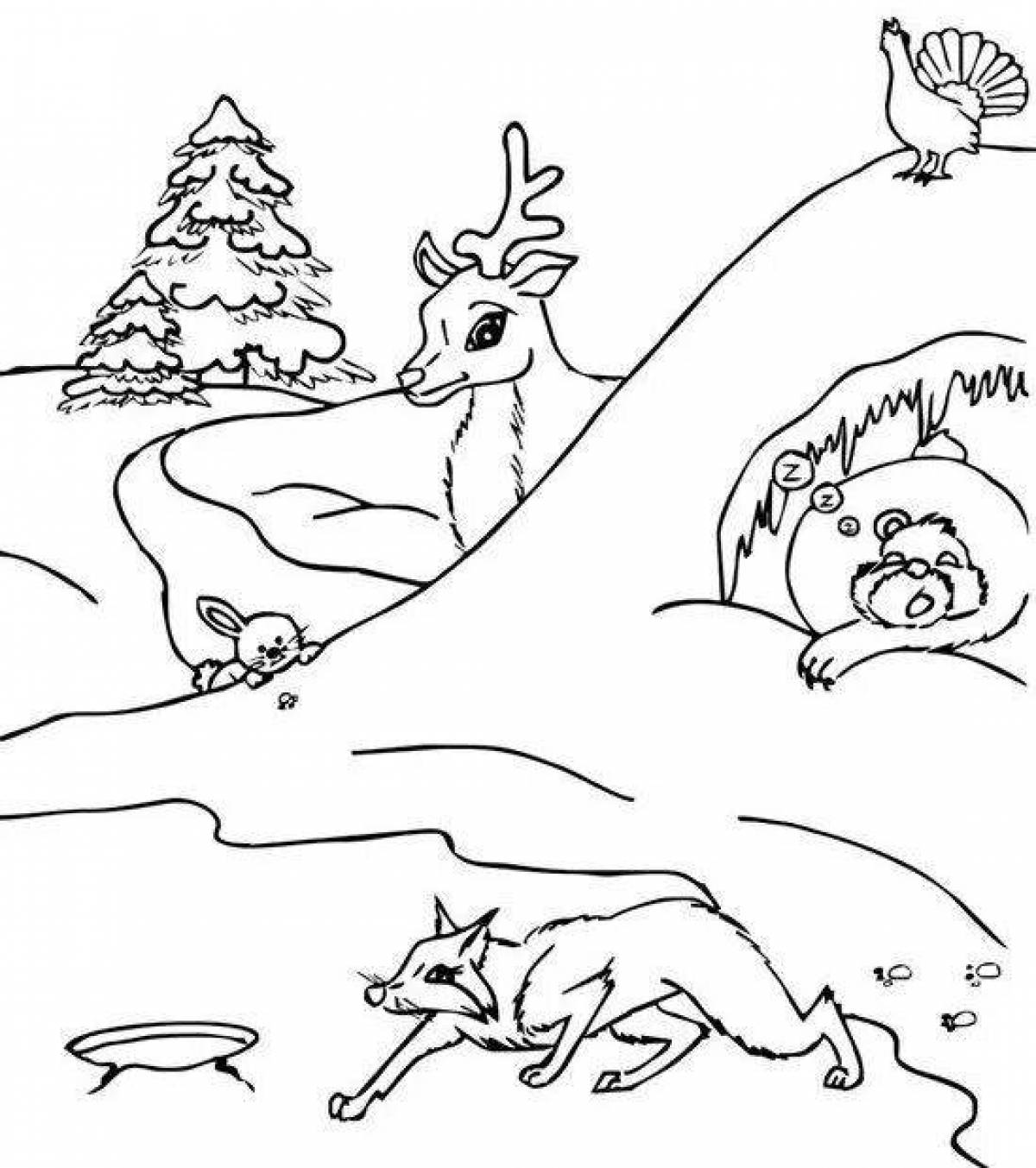 Sparkling coloring pages animals in the forest in winter