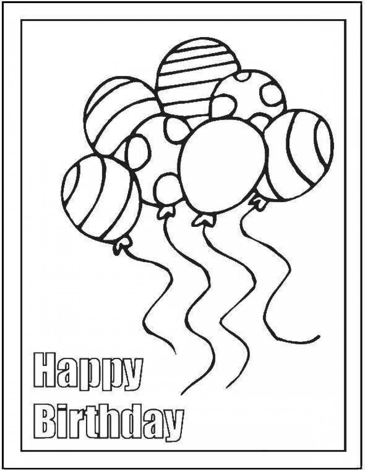 Открытка раскраска с днем рождения, воздушные шары. Распечатать картинку-раскраску