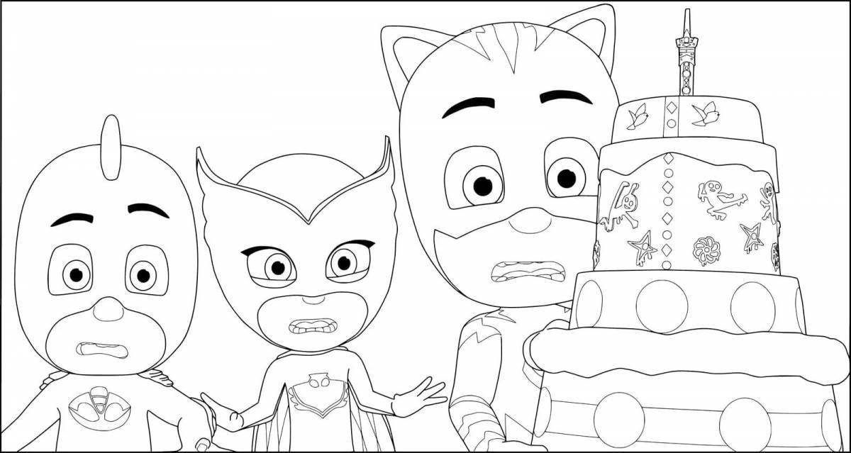 Playful masked characters coloring page
