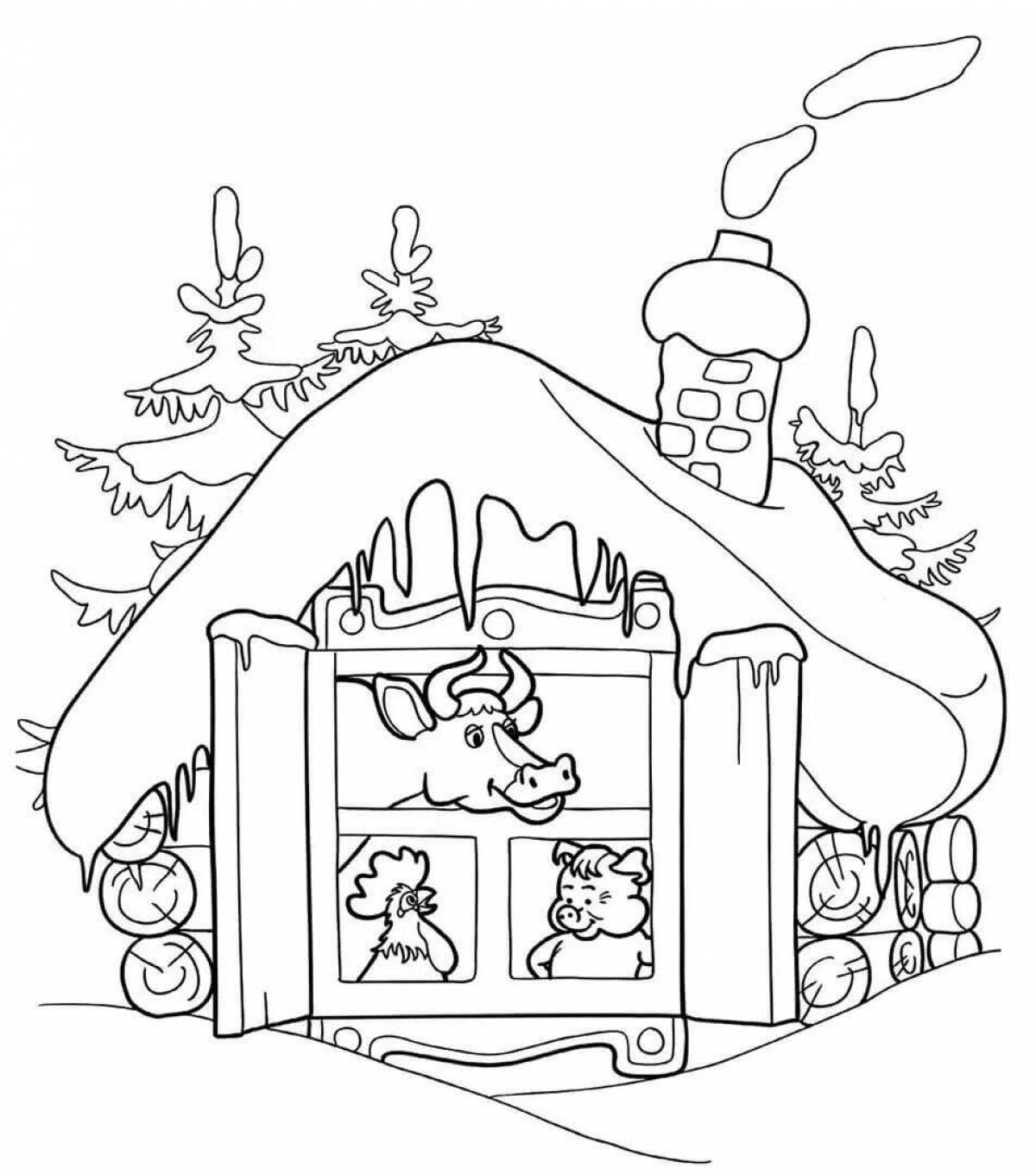 Fun coloring winter hut of animals Russian folk tale