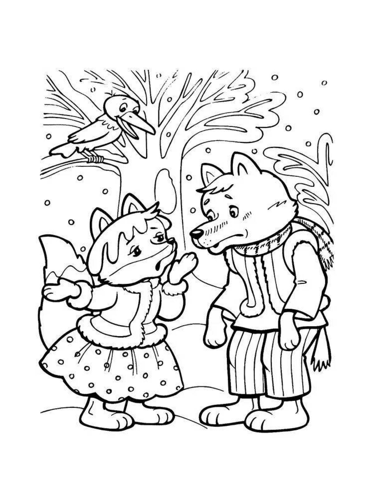 Amazing coloring book winter hut of animals Russian folk tale