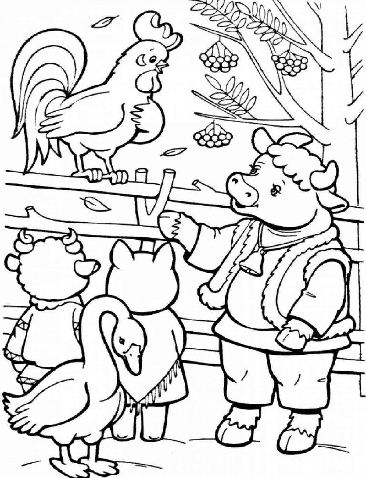 Large coloring book winter hut of animals Russian folk tale