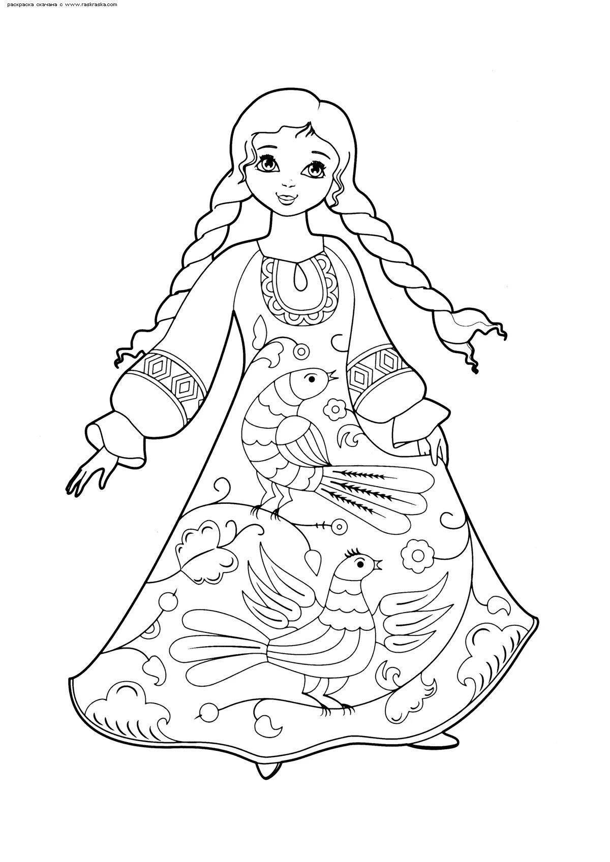 Charming coloring page girl in Russian folk costume