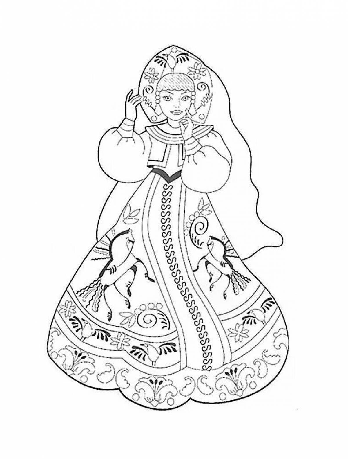 Delightful coloring page of a girl in a Russian folk costume