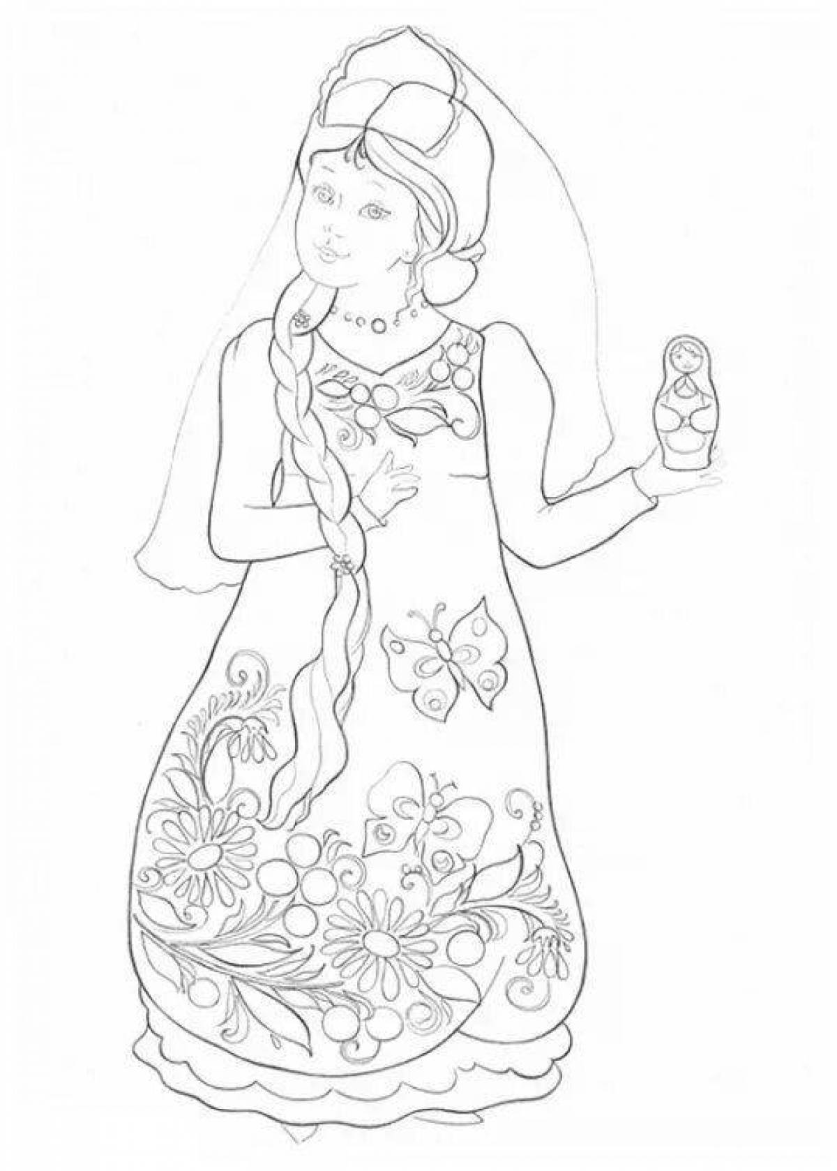 Gorgeous coloring book of a girl in a Russian folk costume