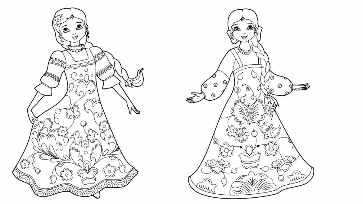 Elegant coloring page of a girl in a Russian folk costume