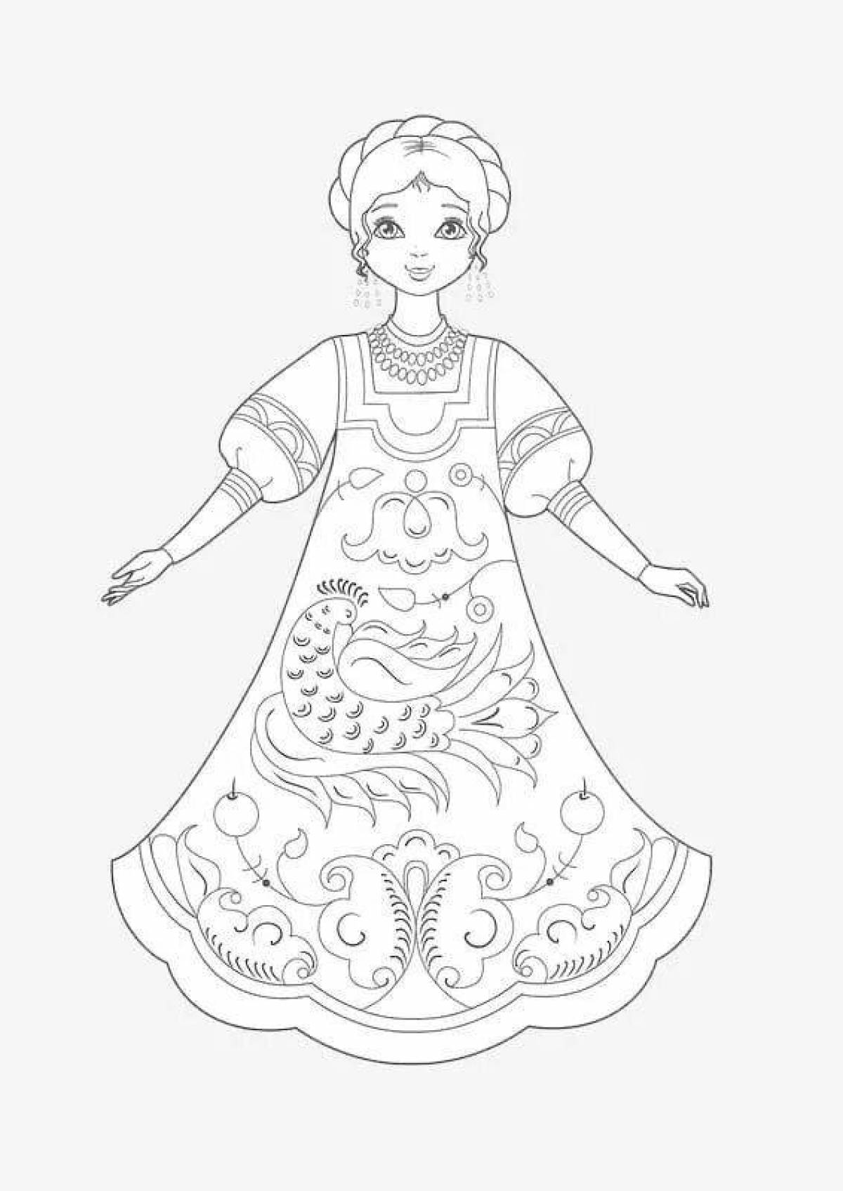 Exotic coloring book girl in Russian folk costume