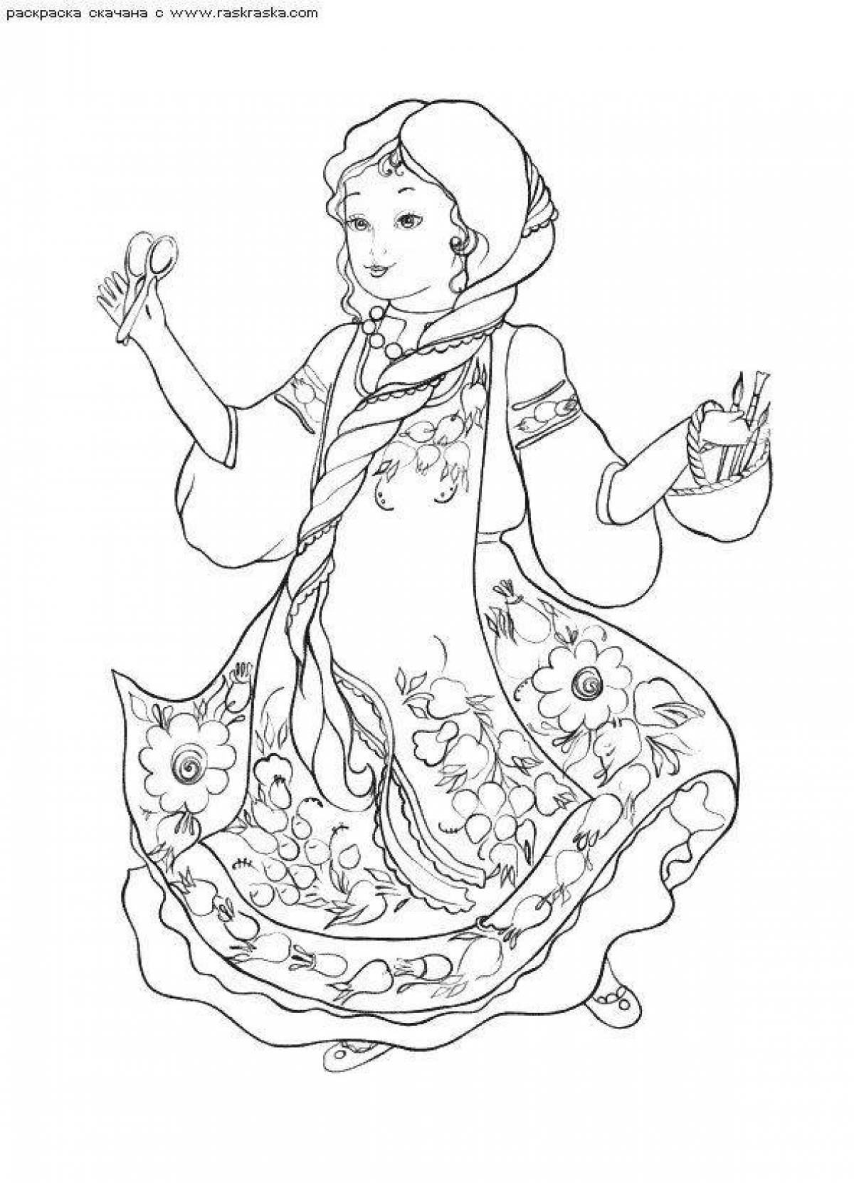 Violent coloring girl in Russian folk costume