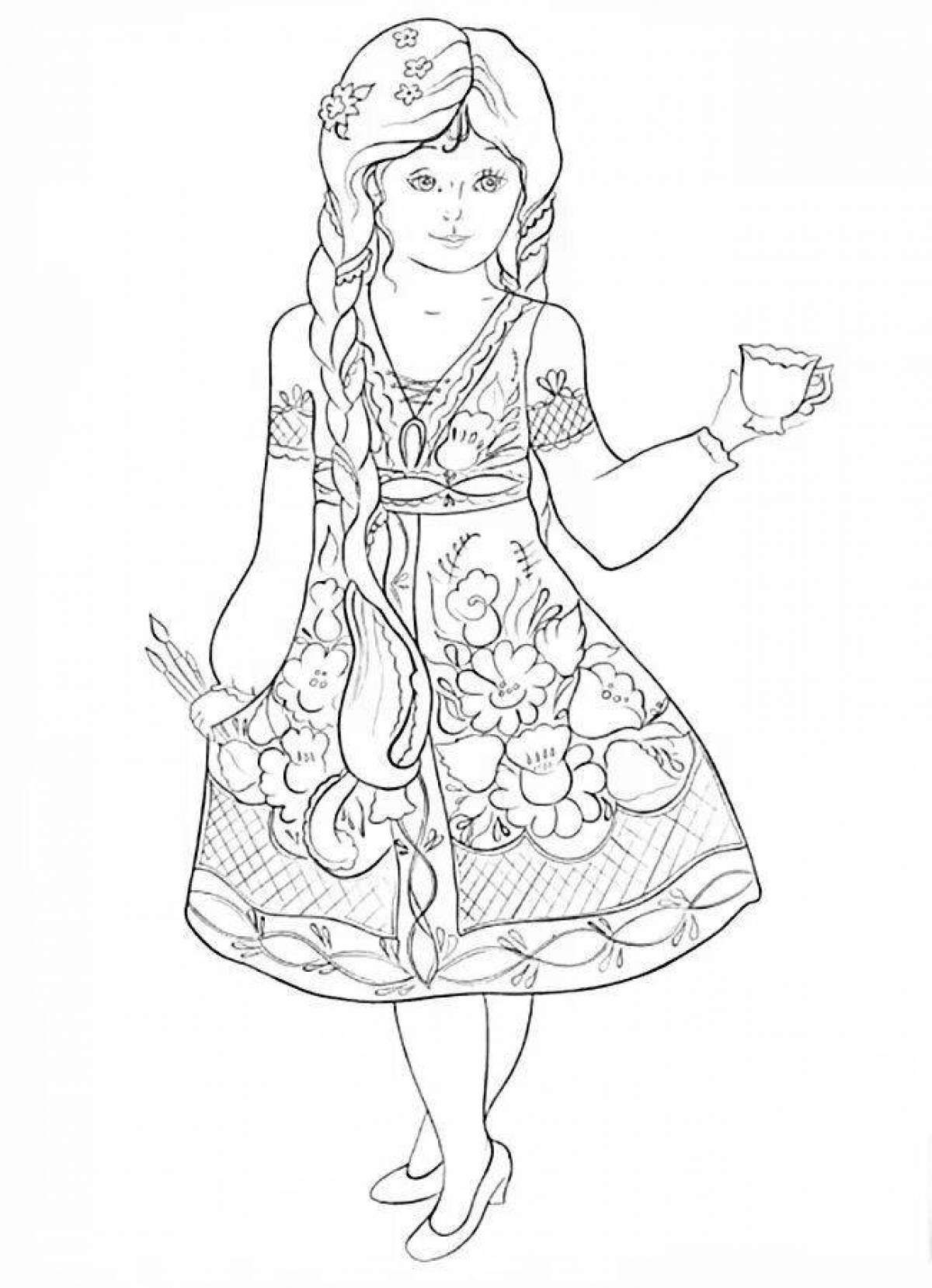 Live coloring girl in Russian folk costume